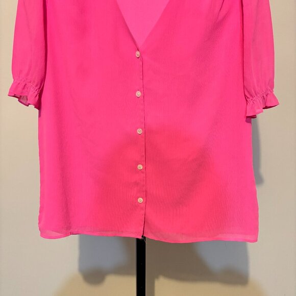 J. Crew Pink Ruffle Short Sleeve Button Front Blouse - Picture 7 of 11